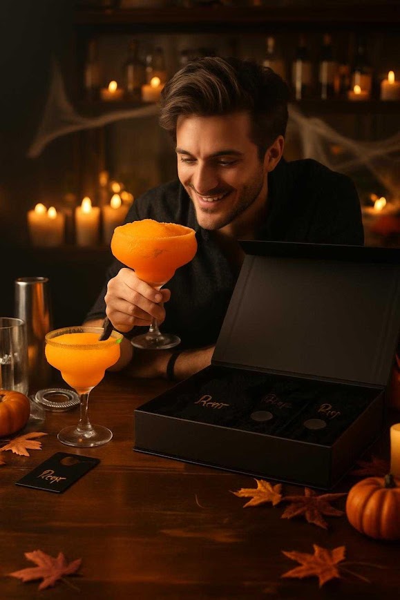 Large Personalized Margarita Glasses. A young man holding an orange margarita glass and smiling at it before he drinks it. 