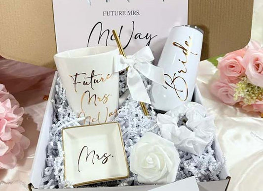 Future Mrs. Personalized Bridal Shower & Engagement Gift Box – Bride-to-Be Mug, Champagne Flute, Mrs. Ring Dish & More! BGB005