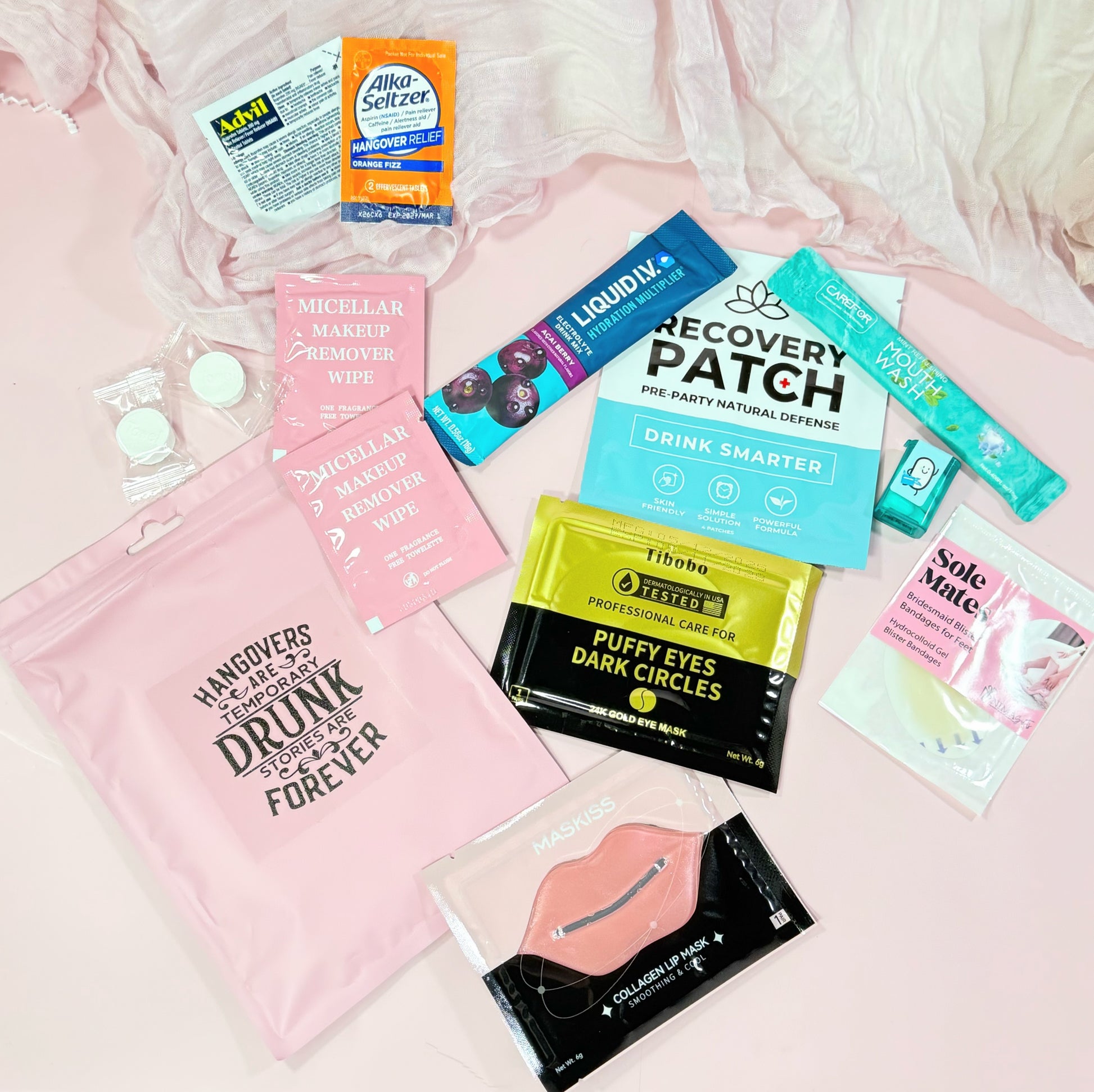 Products included in Option o of Pink Poly Pouch Hangover Recovery Kit which includes:
💊 Advil &amp; Alka-Seltzer – the classic duo for next-morning relief

💄 Makeup wipes – freshen up fast before brunch

😎 Eye mask and lip mask (option 1)

🤭 Mouthwash – for that minty fresh start

👠 Sole Mate blister band aids – because dancing all night has its price

💧 Recovery patch – rehydrate and revive

➕ Liquid I.V. packet – instant electrol