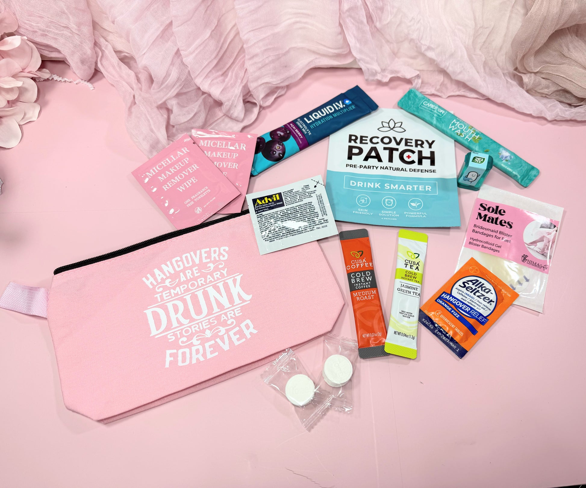 What's included in the Hangove Recovery Kit: 💊 Advil &amp; Alka-Seltzer – the classic duo for next-morning relief

💄 Makeup wipes – freshen up fast before brunch

🍵 Cold Tea &amp; Cold Coffee – refresh and re-energize (Option 2)

🤭 Mouthwash – for that minty fresh start

👠 Sole Mate blister band aids – because dancing all night has its price

💧 Recovery patch – rehydrate and revive

➕ Liquid I.V. packet – instant electrolyte boost

🍬 Mini Tic Tacs – stay cute, s