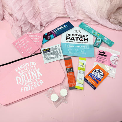 What's included in the Hangove Recovery Kit: 💊 Advil &amp; Alka-Seltzer – the classic duo for next-morning relief

💄 Makeup wipes – freshen up fast before brunch

🍵 Cold Tea &amp; Cold Coffee – refresh and re-energize (Option 2)

🤭 Mouthwash – for that minty fresh start

👠 Sole Mate blister band aids – because dancing all night has its price

💧 Recovery patch – rehydrate and revive

➕ Liquid I.V. packet – instant electrolyte boost

🍬 Mini Tic Tacs – stay cute, s