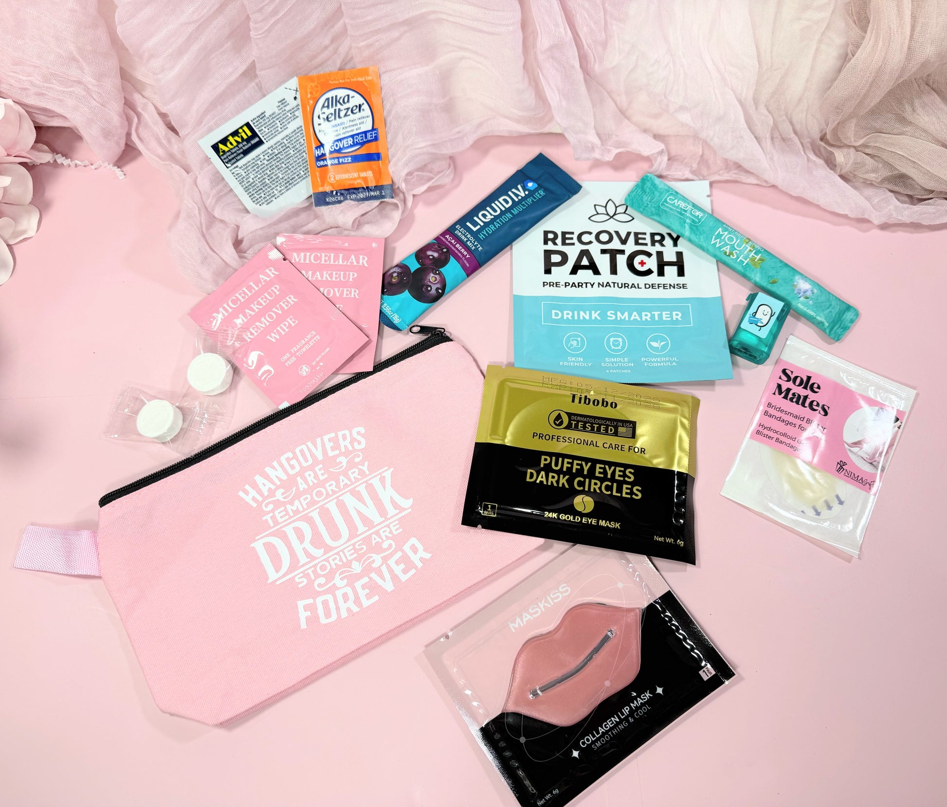 💊 Advil &amp; Alka-Seltzer – the classic duo for next-morning relief

💄 Makeup wipes – freshen up fast before brunch

😎 Eye mask&amp; lip mask (option 1)
🤭 Mouthwash – for that minty fresh start

👠 Sole Mate blister band aids – because dancing all night has its price

💧 Recovery patch – rehydrate and revive

➕ Liquid I.V. packet – instant electrolyte boost

🍬 Mini Tic Tacs – stay cute, stay fresh

🙌 Mini towels – wipe away the nig