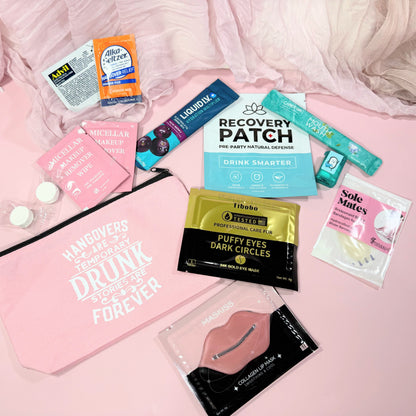 💊 Advil &amp; Alka-Seltzer – the classic duo for next-morning relief

💄 Makeup wipes – freshen up fast before brunch

😎 Eye mask&amp; lip mask (option 1)
🤭 Mouthwash – for that minty fresh start

👠 Sole Mate blister band aids – because dancing all night has its price

💧 Recovery patch – rehydrate and revive

➕ Liquid I.V. packet – instant electrolyte boost

🍬 Mini Tic Tacs – stay cute, stay fresh

🙌 Mini towels – wipe away the nig