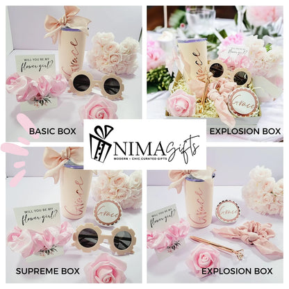 Flower girl box and scrunchie options by NIMA Gifts, decorative gift add-ons for special occasions.