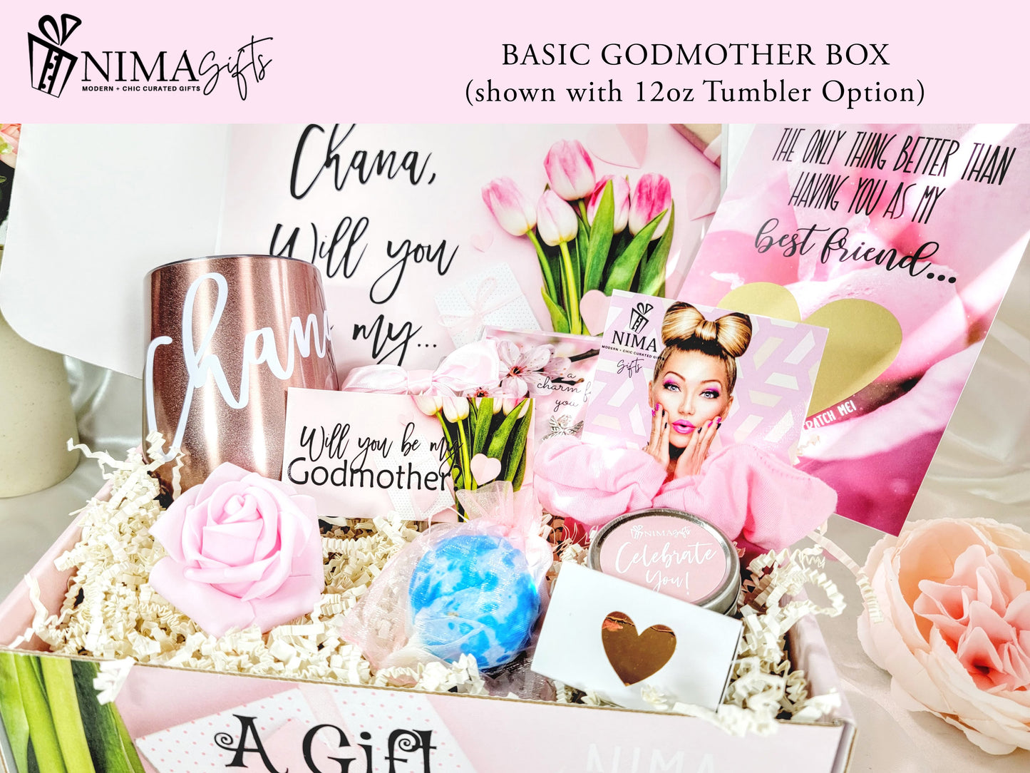 Godmother Proposal Gift Box with Wine Tumbler and Custom Scratch Off Card, Will You be my Godmother Basket, God Parents Proposal Gift-GMPB01