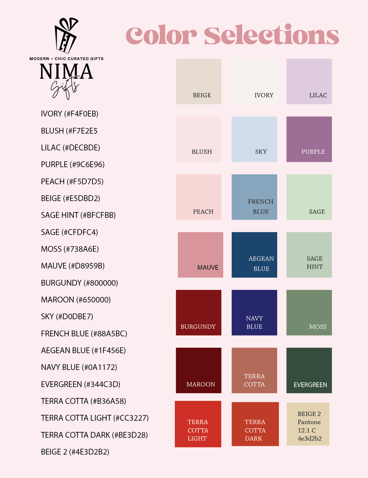 Color selection labels for NIMA Gifts terracotta bridesmaid proposal box and glass tumbler gift set, showing different box color options.