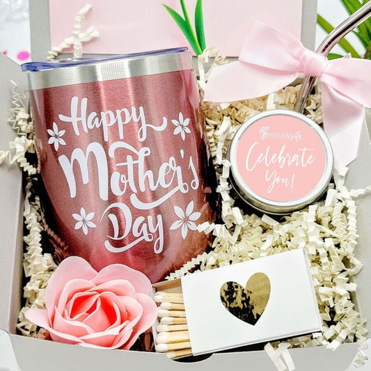 NIMA Gifts rose gold tumbler with "Happy Mother's Day" text, soy candle, soap rose, and matches in a gift box.