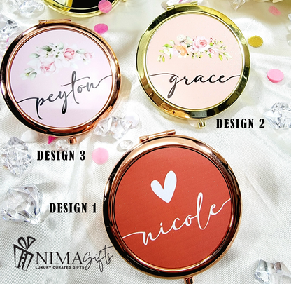 Three compact mirrors with personalized names on a decorative background, featuring Nima Gifts branding.