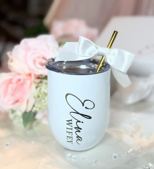 Engraved wedding tumbler by NIMA Gifts, personalized 12oz stainless steel cup with bride and groom design for wedding day gifts.