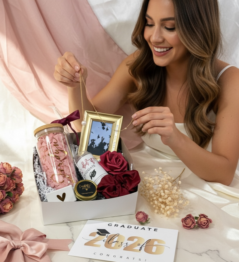 Woman opening a gift box with a 'Graduate Class of 2026' card on a marble surface. A young girls is holding a necklace over a graduation gift box that has a personalized glass tumbler, a candle, a from, a matching satin hair scrunchie and a confetti popper all congratulating the happy graduate.