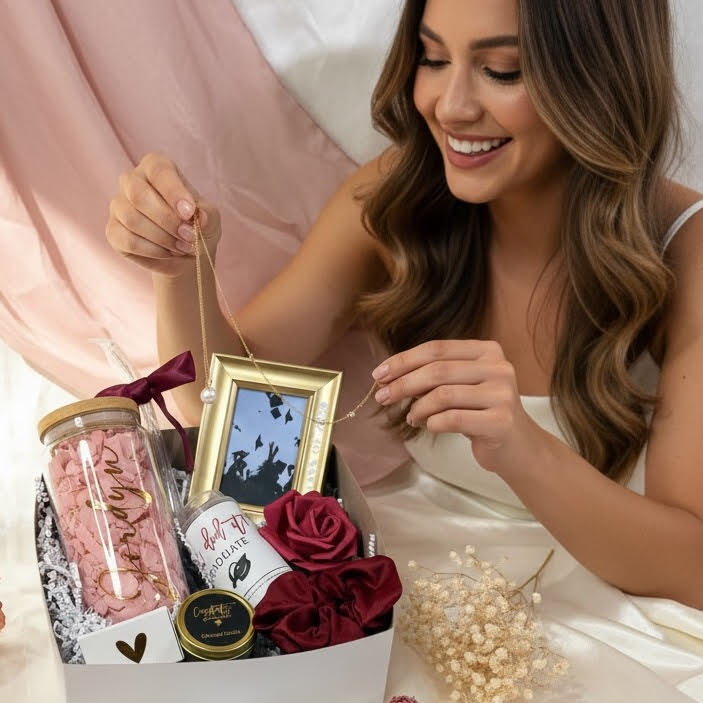 A young girls is holding a necklace over a graduation gift box that has a personalized glass tumbler, a candle, a from, a matching satin hair scrunchie and a confetti popper all congratulating the happy graduate.