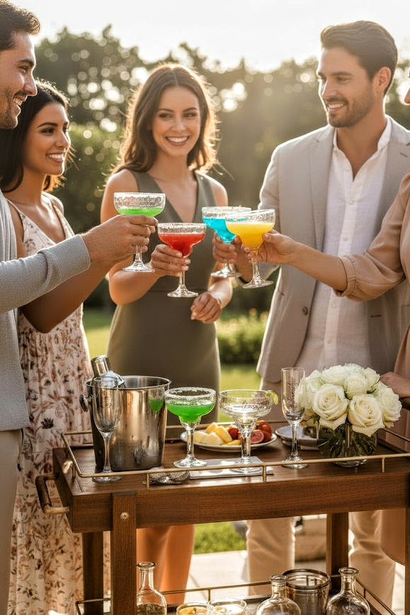 Personalized Margarita Glasses where a Group of people enjoying cocktails outdoors near a wooden table with drinks and flowers holding up their large and personalized margarita glasses