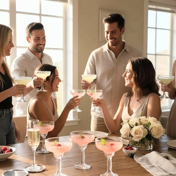 Group of people at a dinner party with personalized margarita drinks in hand celebrating a birthday of a girl who is sitting down.