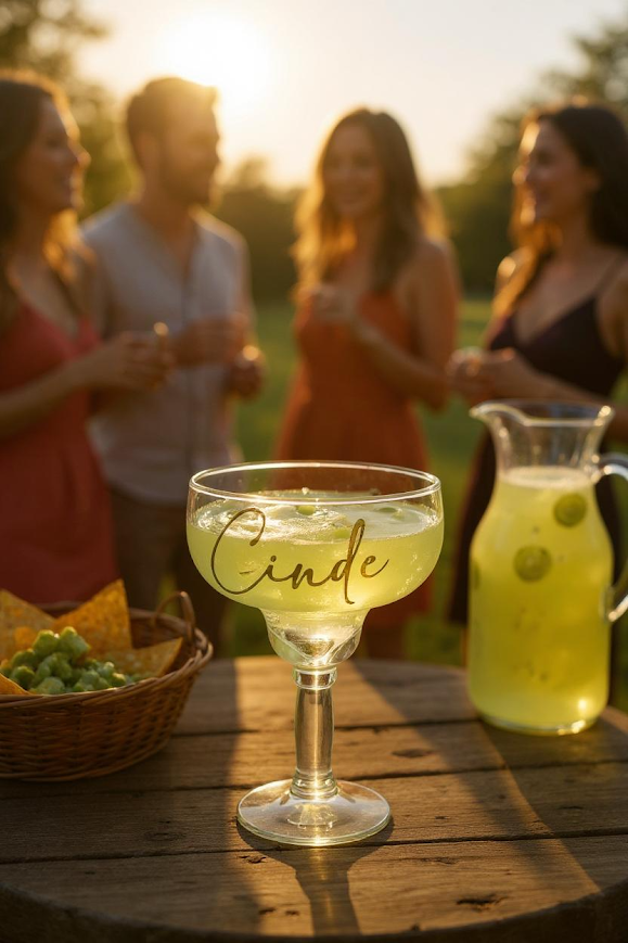 Large Personalized Margarita Glass with 'Cinde' written in Gold on the glass. A Bridesmaid Gift for a bachelorette party or a personalized birthday gift.