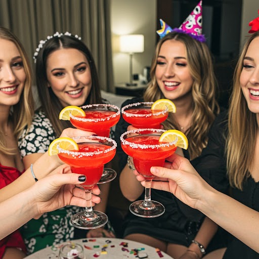 Young women cheering with large margarina glasses
