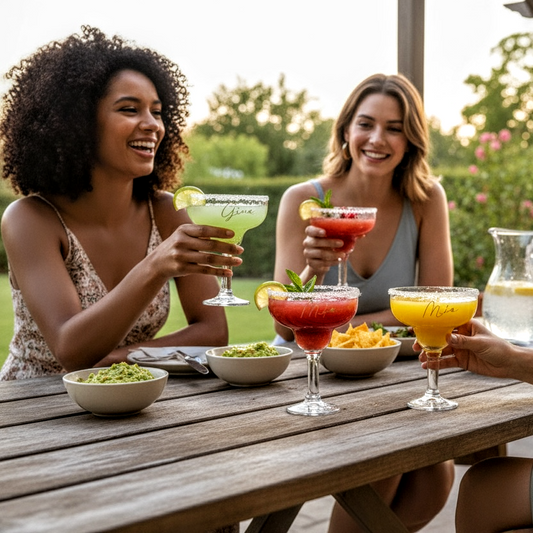 Three women enjoying cocktails at a table outdoors. A personalized margarita glasses with the name ' Gina, Mia, and two others are on the front of the glass, filled with  different color margaritas, garnished with a lemon slice, with a blurred background.