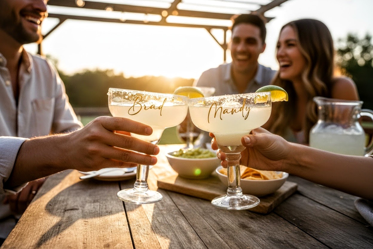 Two people holding personalized margarita glasses at a outdoor gathering.