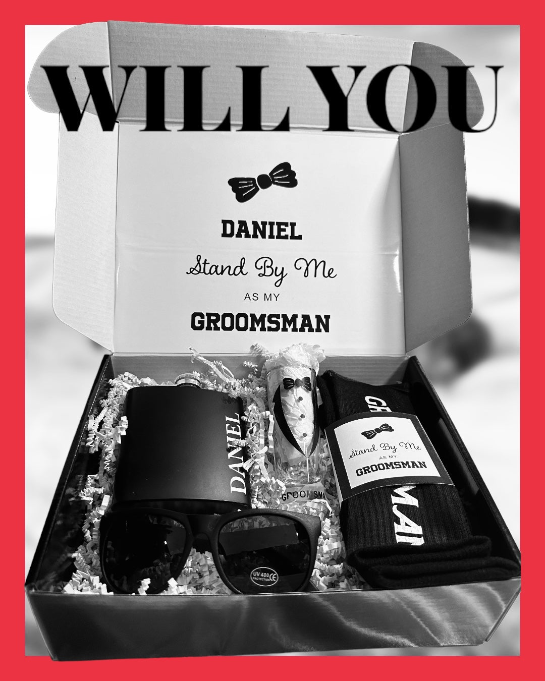 Personalized Groomsman Proposal Box – Flask, Shades, Socks, Shot Glass & More | Best Man Gift Set | Will You Be My Groomsman? - GPGB03
