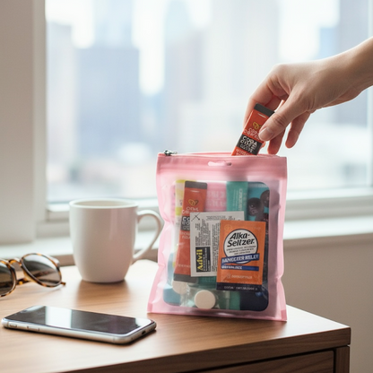 NIMA Gifts Hangover Recovery Kit with hydration drinks, pain relief, and vitamins, ideal for bridesmaids and bachelorette parties.