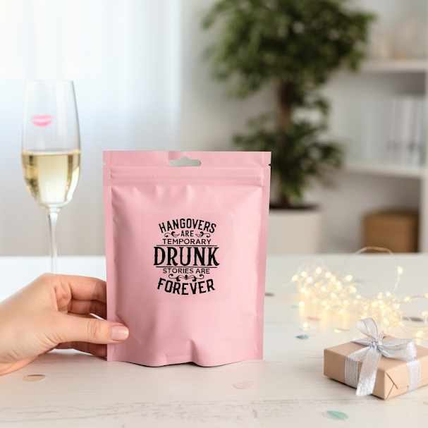 Pink pouch with humorous text held by a hand, with a glass of wine and decorative lights in the background.