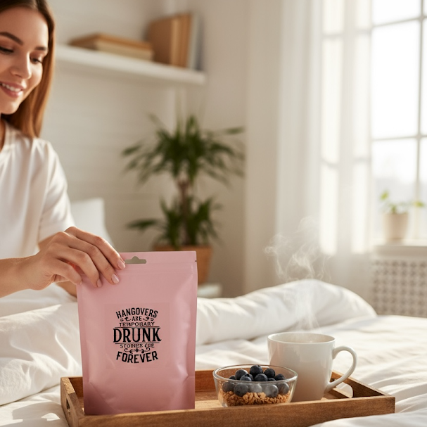 Woman holding a pink bag with text on a bed with a tray of food and coffee.