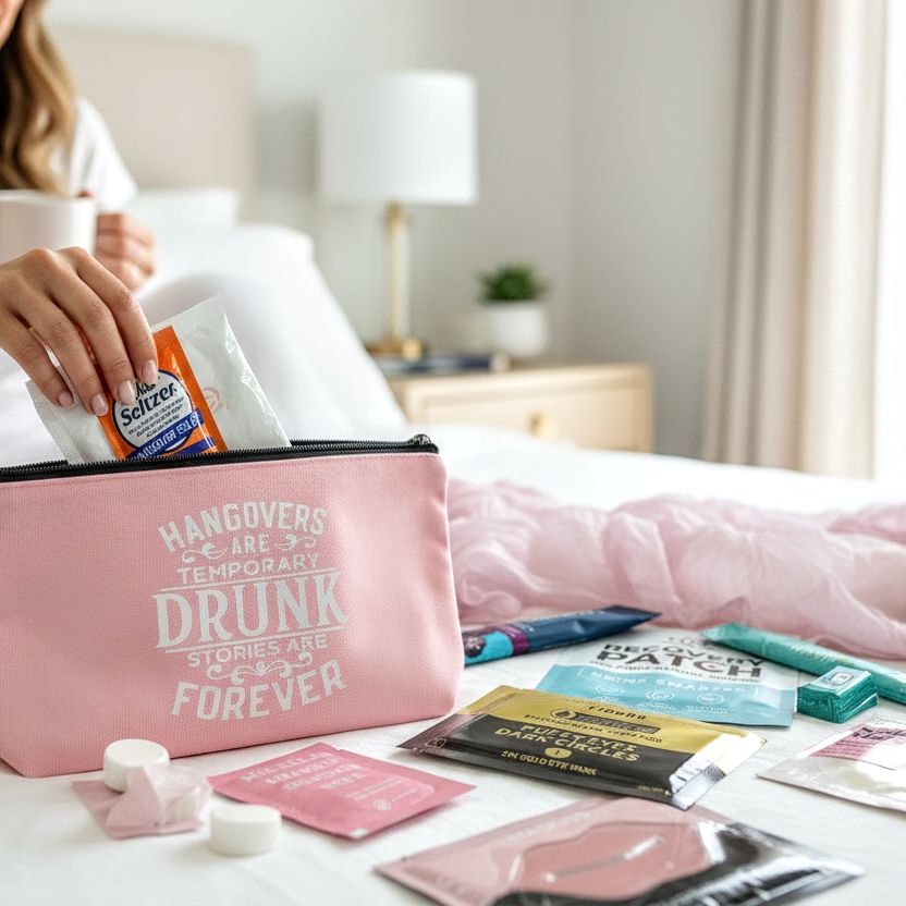 Person organizing items in a pink bag labeled 'Hangovers are temporarily drunk spells are forever' on a bed.
