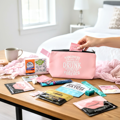 NIMA Gifts Hangover Recovery Kit with bottled remedies, supplements, and recovery essentials for bridesmaids and bachelorettes.