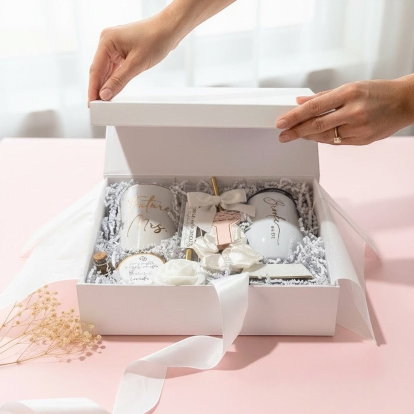 Gift box with decorative items on a pink surface