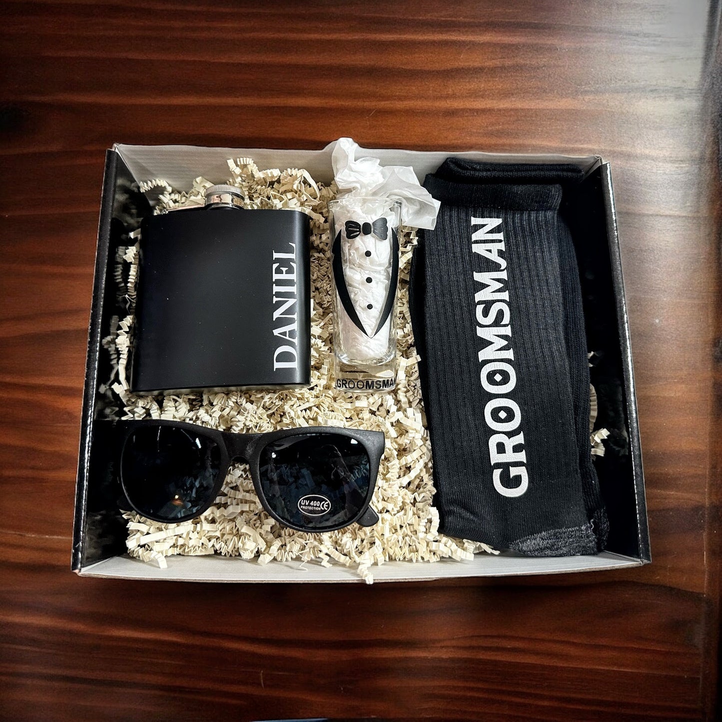 Personalized Groomsman Proposal Box – Flask, Shades, Socks, Shot Glass & More | Best Man Gift Set | Will You Be My Groomsman? - GPGB03