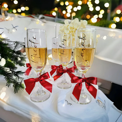 Personalized champagne flutes for bridesmaids bachelorette party by NIMA Gifts, perfect wedding drinking favors and girls night accessories.
