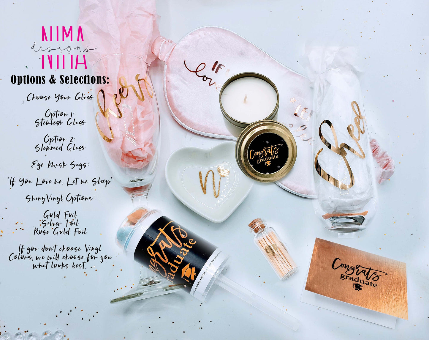 Graduation Gift Box for Her, Champagne Glass, Candle & Sleeping Mask