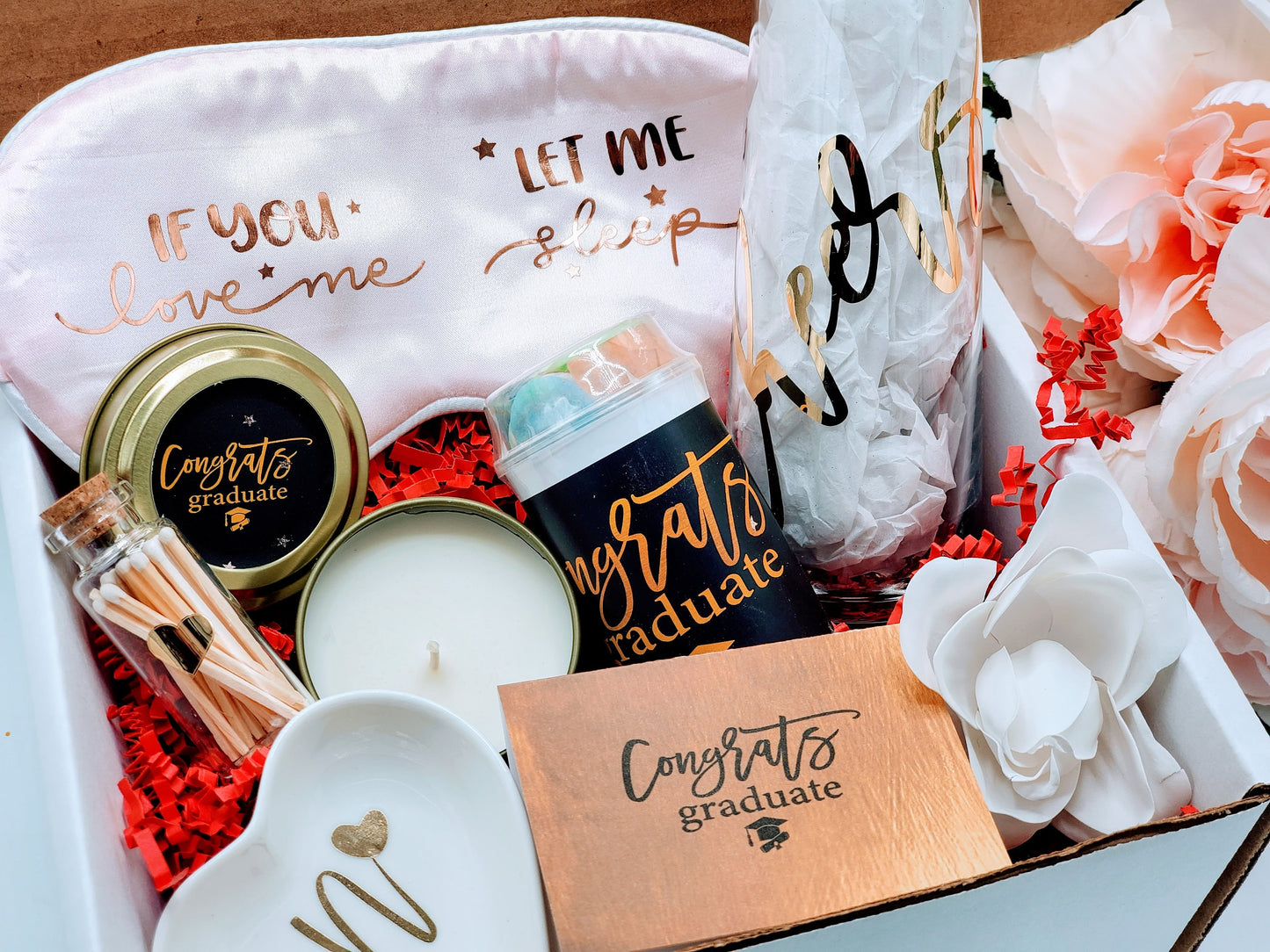 Graduation Gift Box for Her, Champagne Glass, Candle & Sleeping Mask