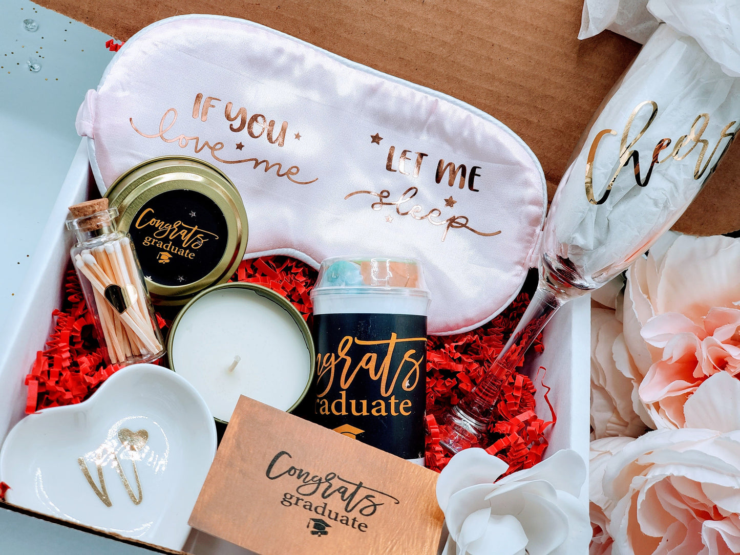 Graduation Gift Box for Her, Champagne Glass, Candle & Sleeping Mask