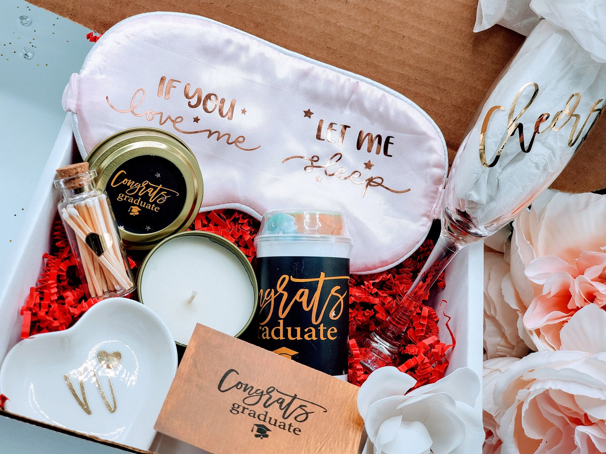 Graduation Gift Box for Her, Champagne Glass, Candle & Sleeping Mask