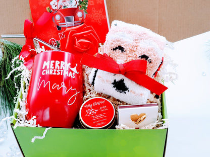 Cozy Christmas gift box for women with festive items, perfect for holiday gifting, featuring a curated Christmas gift basket set.