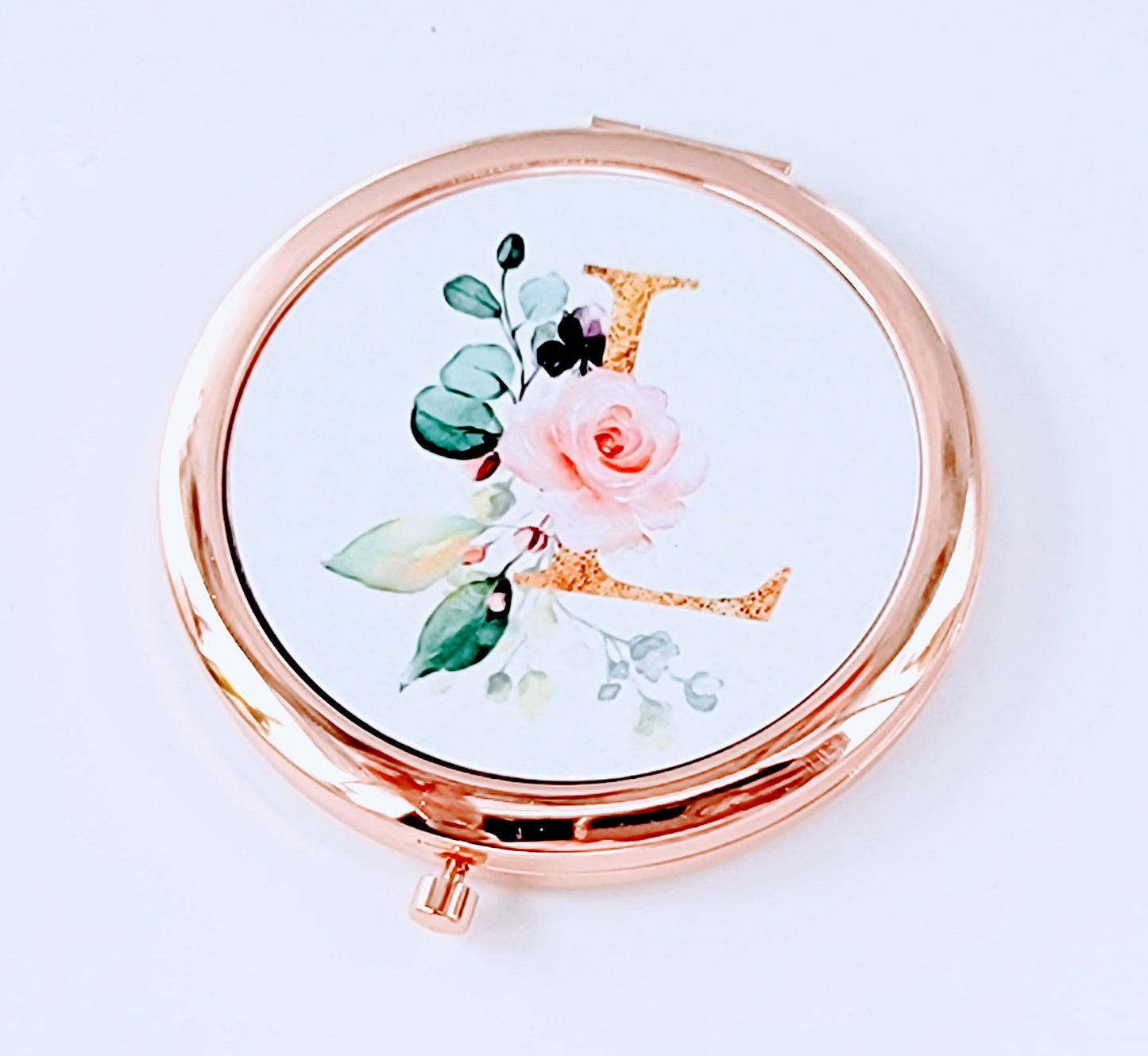 Personalized Compact Mirror, Rose Gold Bridesmaid Gift, Floral Initial