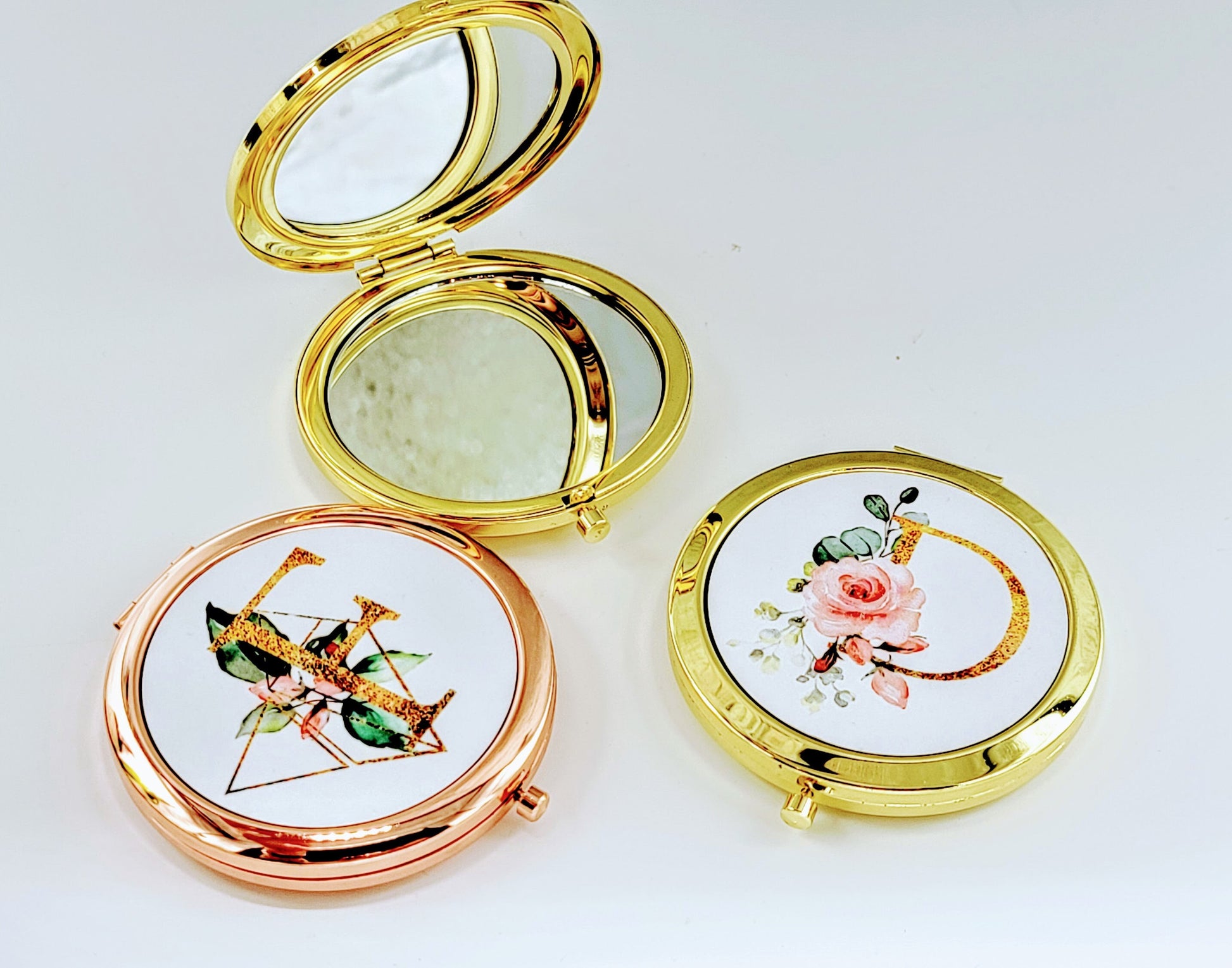 Personalized Compact Mirror, Rose Gold Bridesmaid Gift, Floral Initial