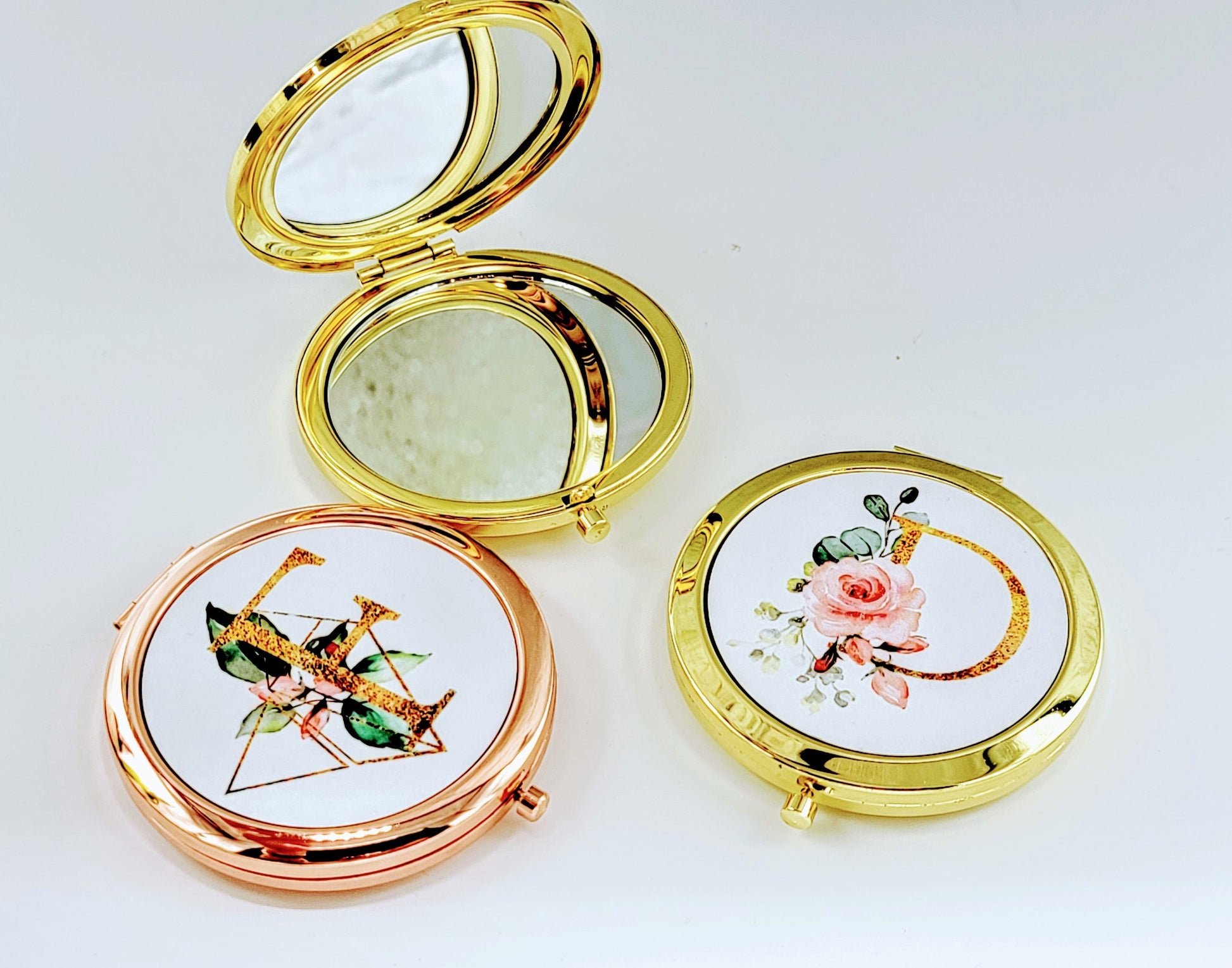 Personalized Rose Gold Compact Mirror, Floral Initial, Bridesmaid Gift