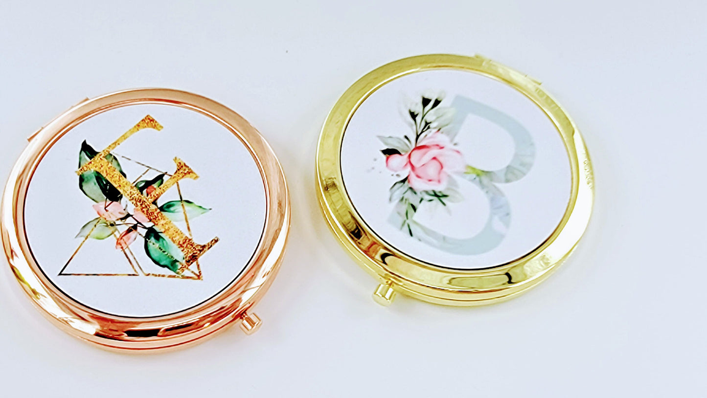 Personalized Compact Mirror, Rose Gold Bridesmaid Gift, Floral Initial