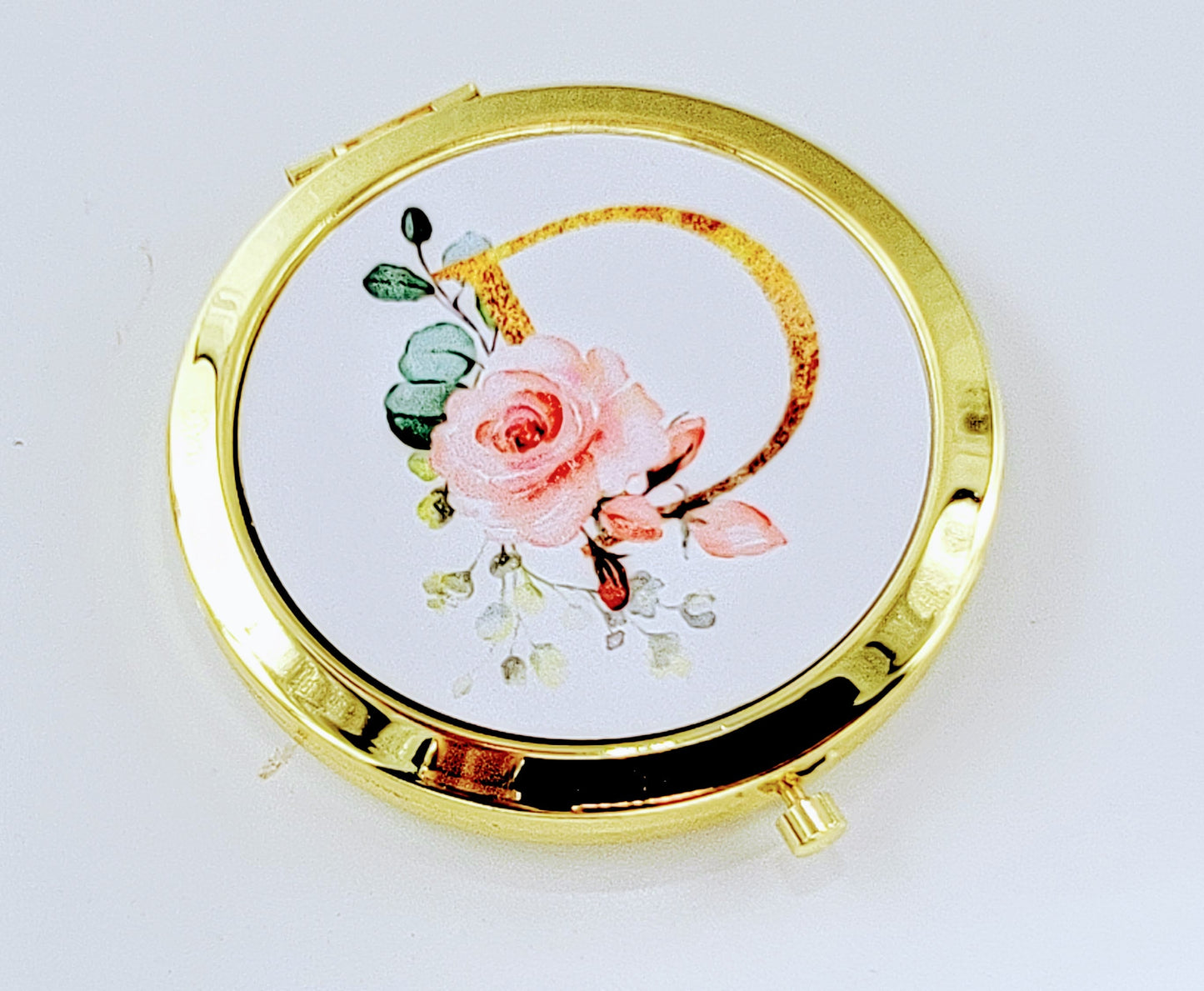 Personalized Compact Mirror, Rose Gold Bridesmaid Gift, Floral Initial