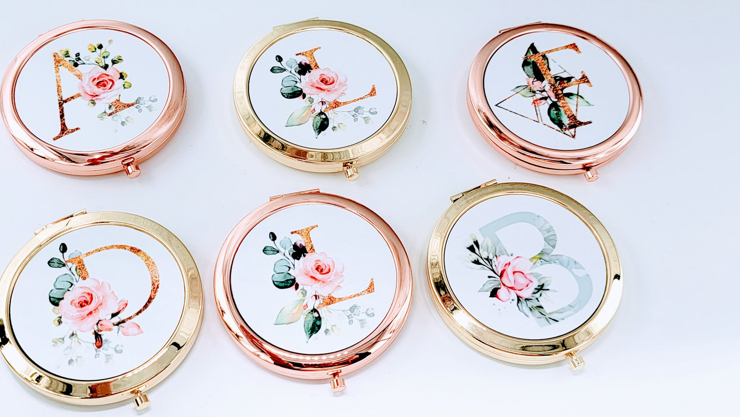 Personalized Compact Mirror, Rose Gold Bridesmaid Gift, Floral Initial