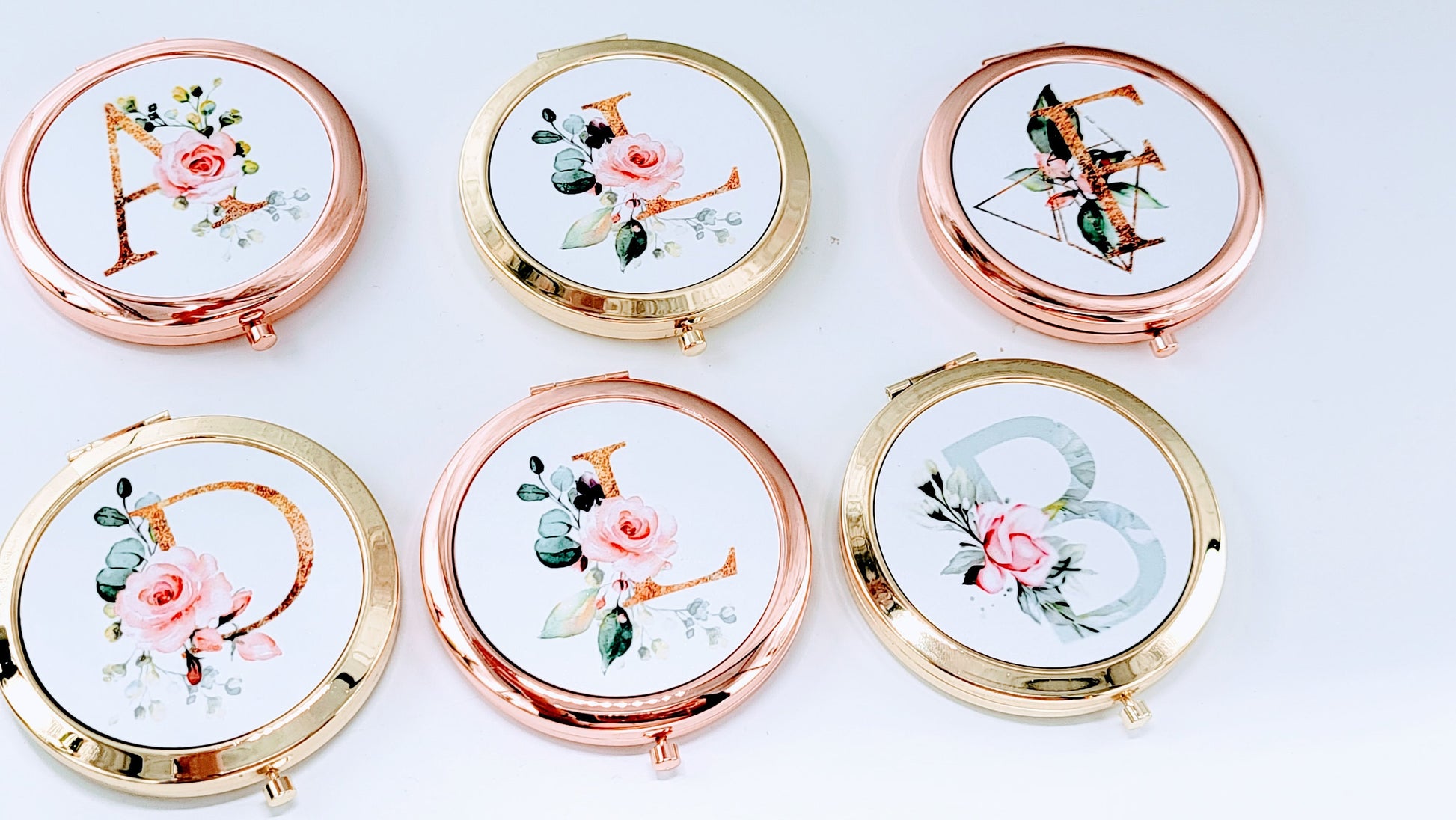 Personalized Compact Mirror, Rose Gold Bridesmaid Gift, Floral Initial