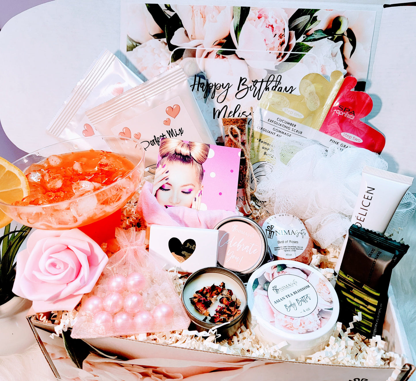 Luxury margarita lover gift set with personalized box, margarita glass, margarita mix, lavender candle, bath bomb, many more spa items and  card arranged in premium peonies printed box.
