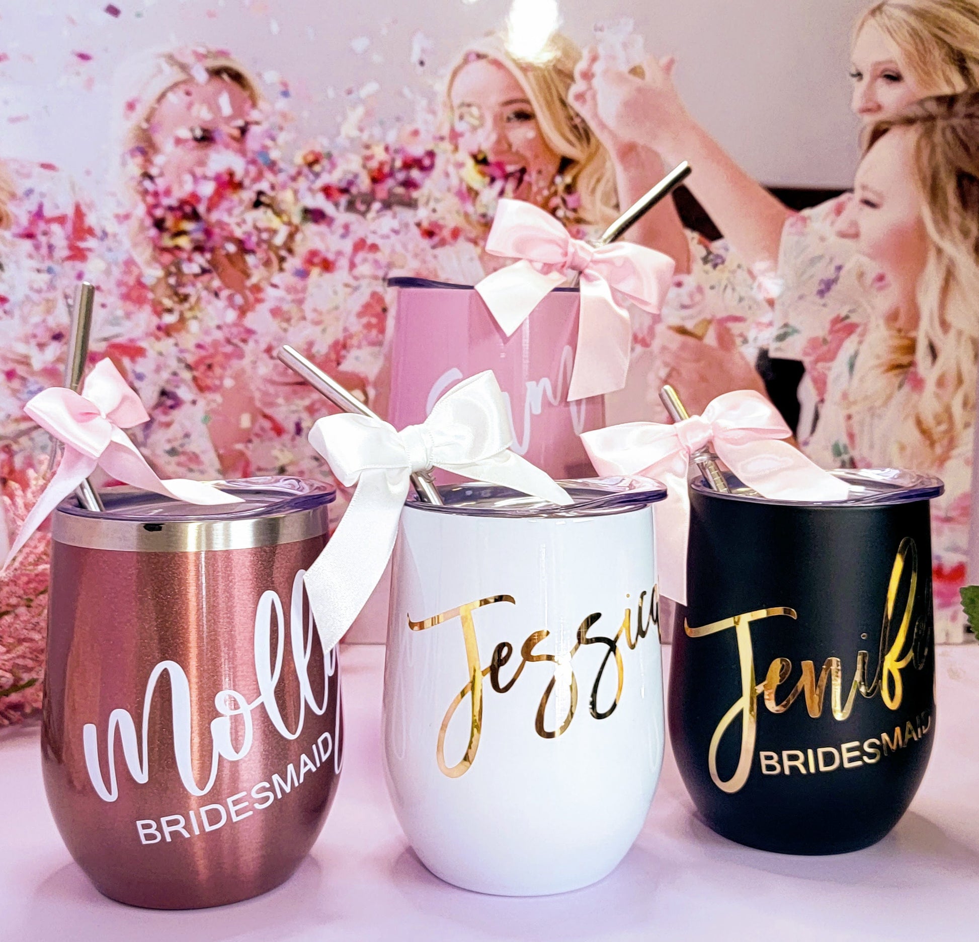 Personalized Bridesmaid Wine Tumbler, Custom Proposal Gift, 12oz Stemless Glass