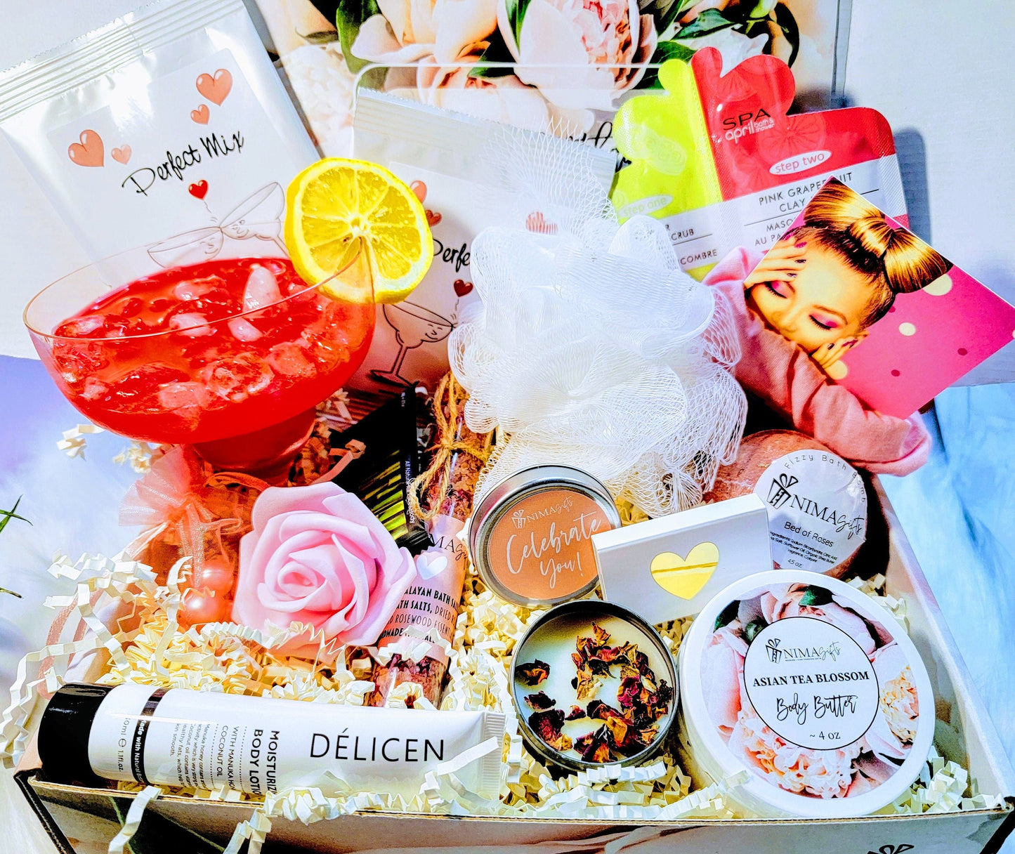 Personalized margarita lover gift box with stainless steel tumbler, margarita mix, spa candle, bath bomb, and sweet treat in black magnetic gift box with satin bow – perfect birthday gift for her, best friend, or sister.