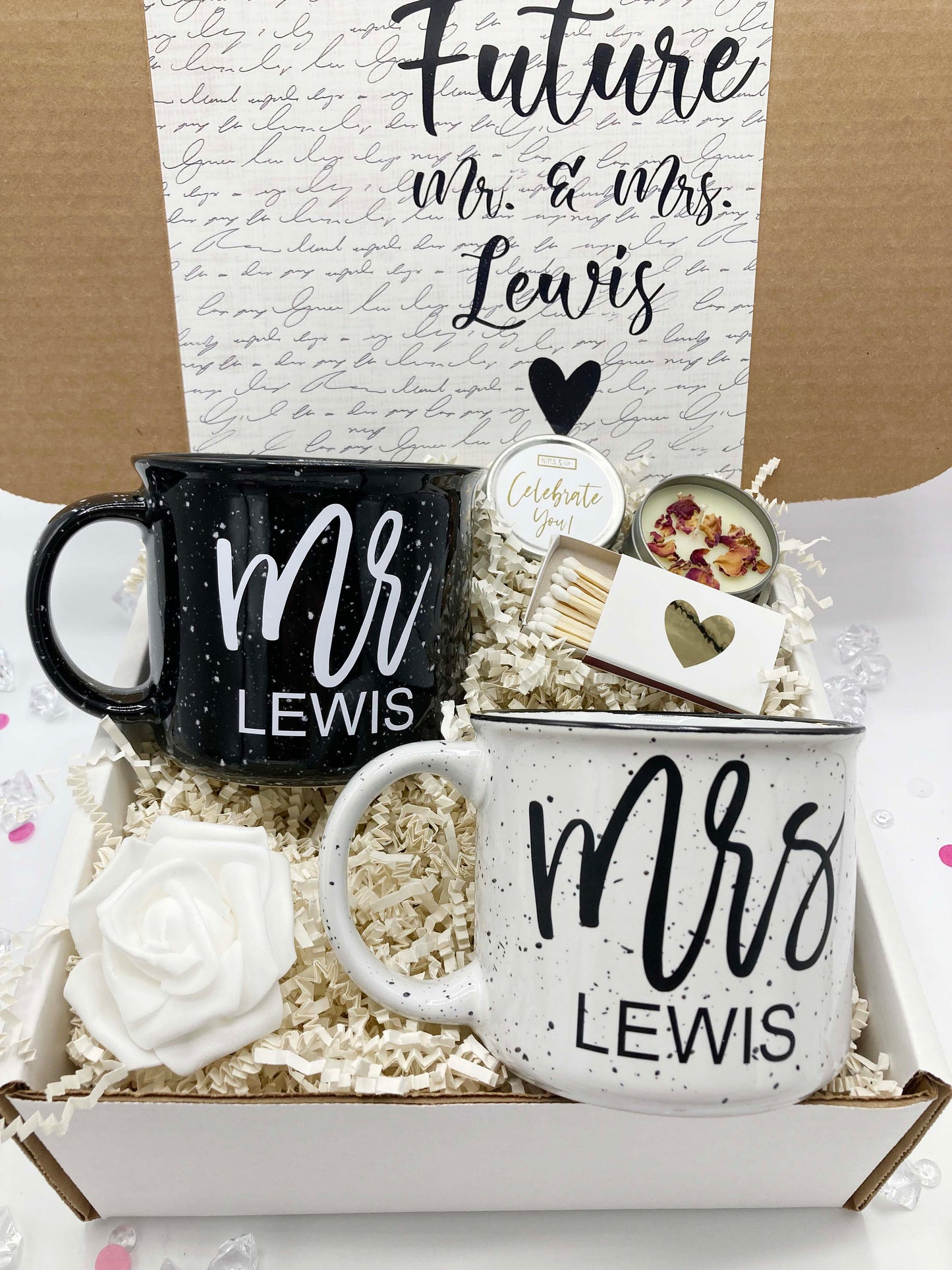 Personalized Engagement Gift Box for Couple – Future Mr and Mrs Gift Set with Matching Mugs, Luxury Bridal Shower & Engagement Party Present
