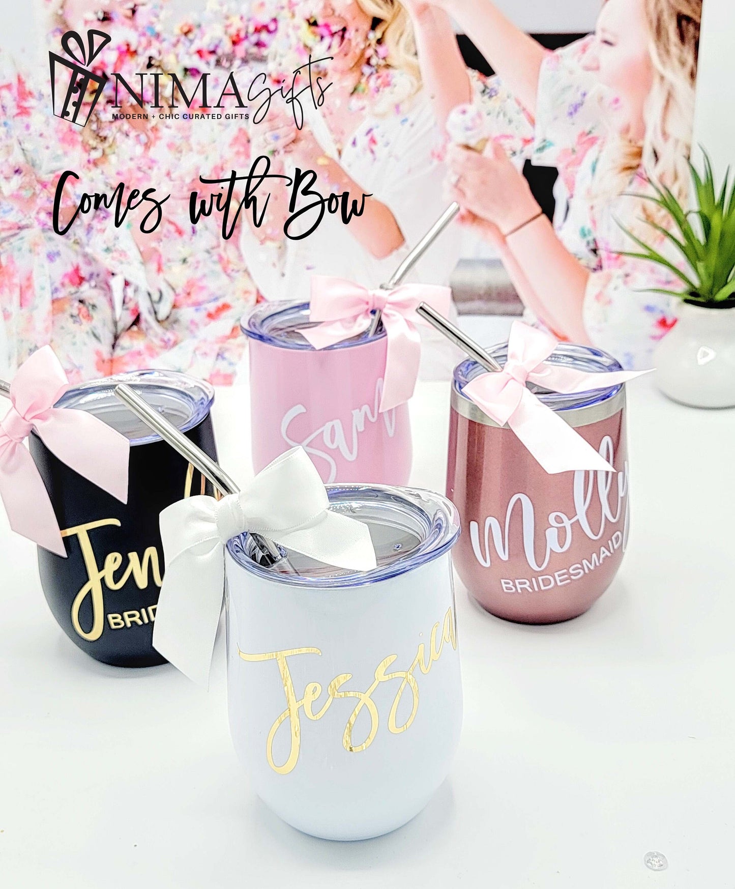 Personalized Bridesmaid Wine Tumbler, Custom Proposal Gift, 12oz Stemless Glass