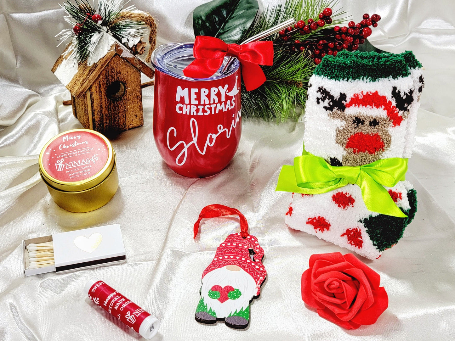 Christmas Gift Box for Women with Cozy Christmas Socks and Gnome Ornament, Christmas Gift Basket for Her Personalized Wine Tumbler - CSB033