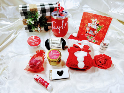Personalized Christmas gift box for women with spa essentials, holiday self-care gift set, from NIMA Gifts, featuring luxurious treats