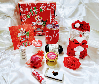 Personalized Christmas gift box for women with spa and self-care items from NIMA Gifts, featuring holiday-themed packaging and accessories.